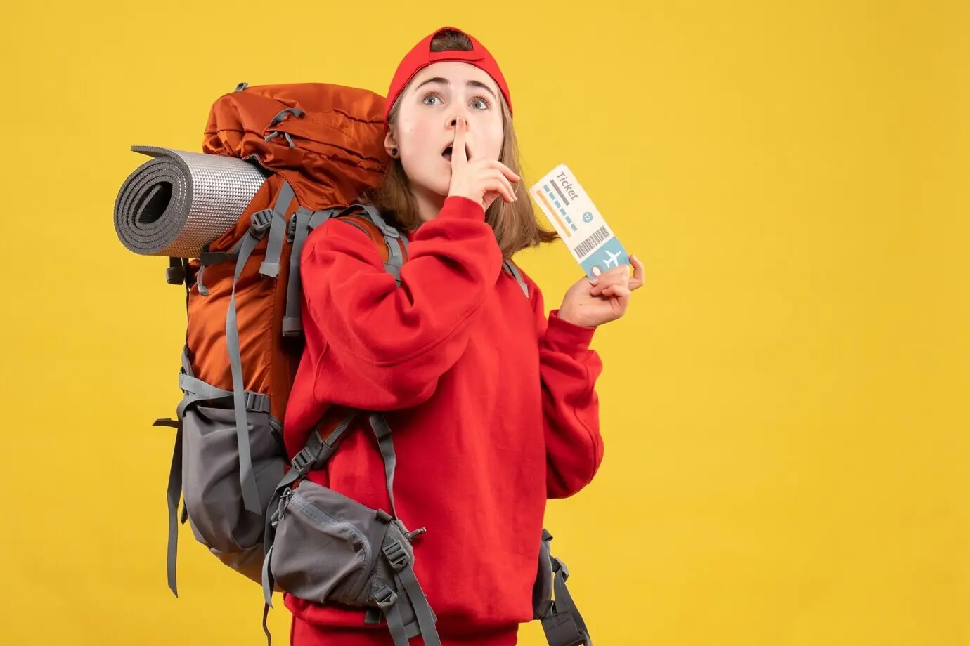 Vorderansicht einer hübschen Wanderin mit Rucksack, die ein Flugticket hält und eine Schweigegeste macht.